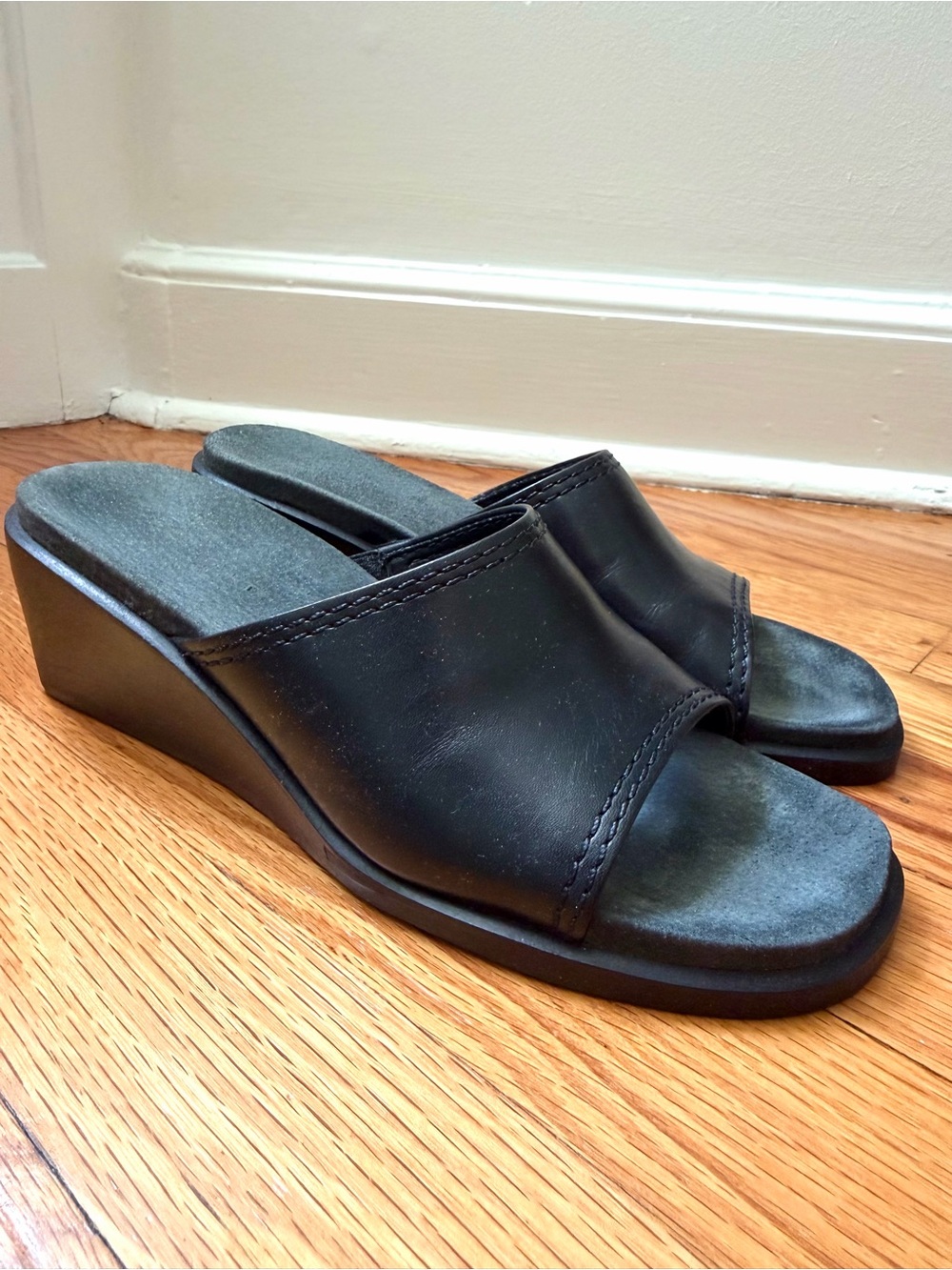 Rockport Vintage Y2K Made in Brazil Black Leather Wedge Sandals Size 7